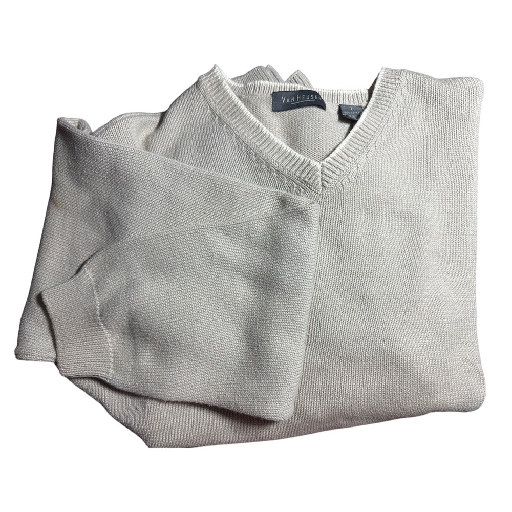 Van Heusen Mens Classic V Neck Sweater Beige 100%‎ Cotton Long Sleeve Size L